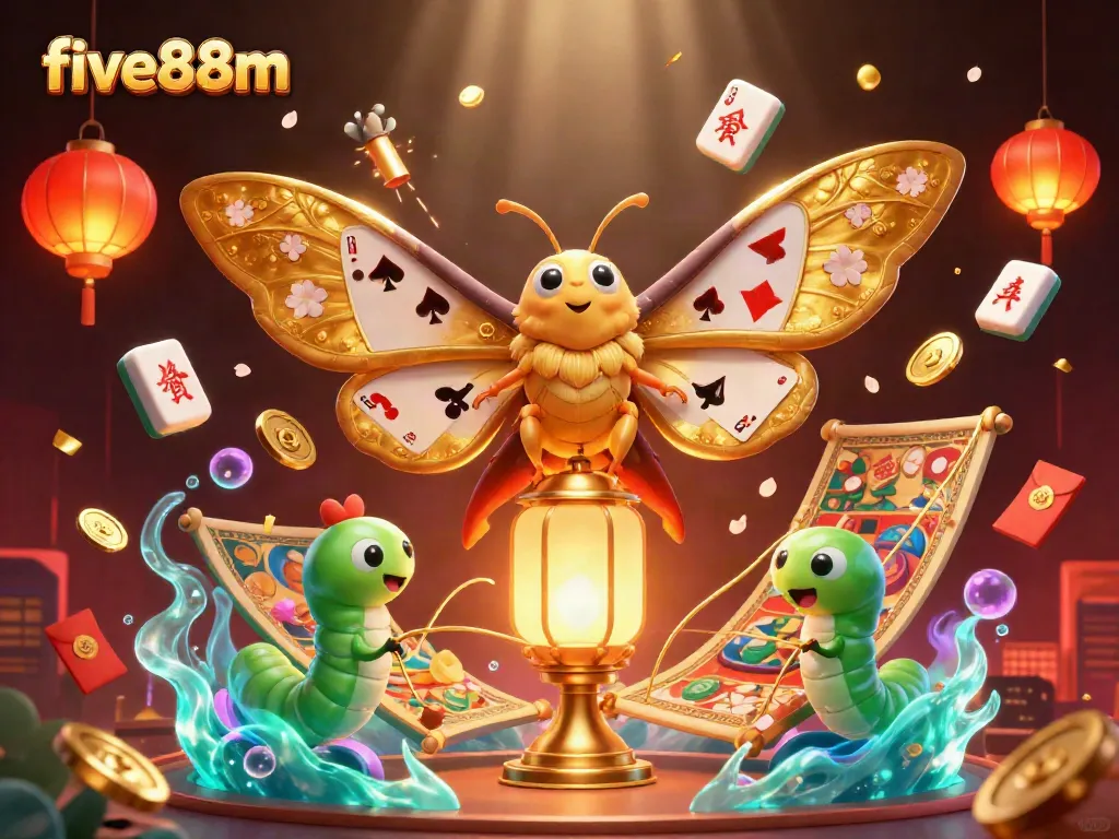 Experience five88m's vibrant casino world with 3D elements showcasing games, luck, and excitement