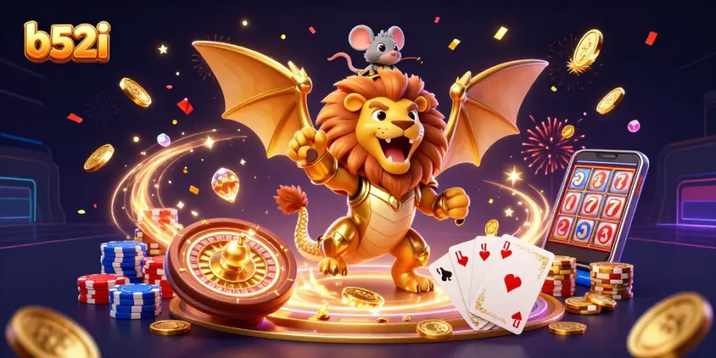 Engage with b52i's vibrant casino adventure featuring a chimera and dynamic game elements.