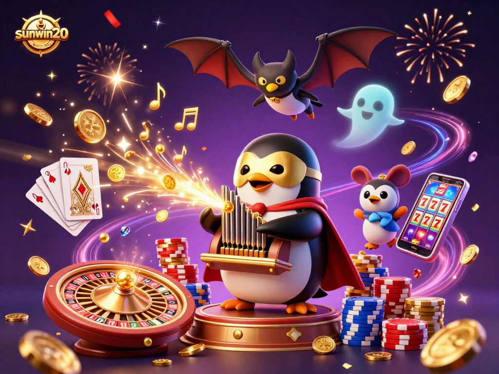 Experience the thrill of sunwin20 with a lively 3D casino scene featuring a penguin and magical elements.