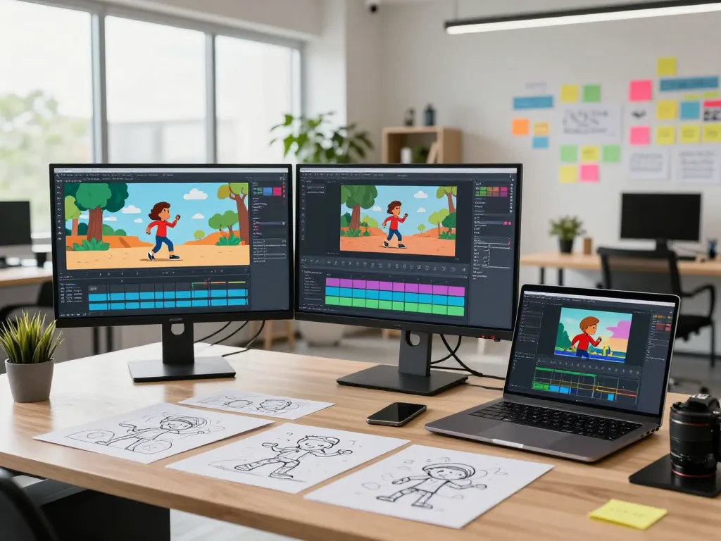 Professional workspace using motion control ai for animation, with dual monitors displaying character movements, creative desk setup, and bright studio.