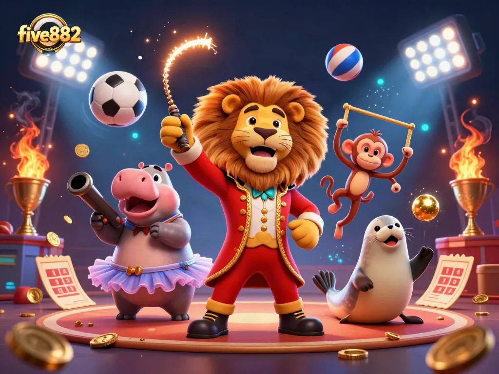 Join the excitement at five882 with vibrant 3D circus characters celebrating the thrill of sports betting.
