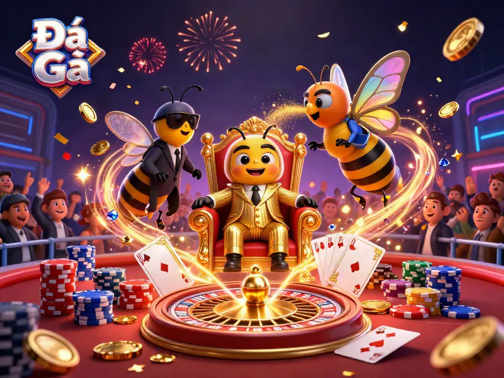 Experience the thrilling Đá Gà action with an animated mob boss character in a vibrant cockfighting arena, surrounded by casino elements.