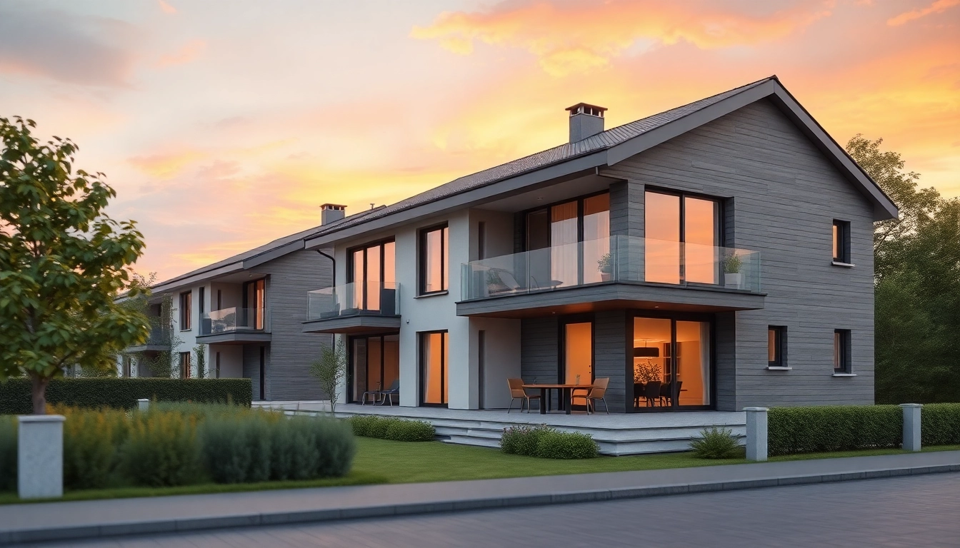 Beeindruckende 3D visualisierung eines modernen Wohnhauses im Sonnenuntergang.
