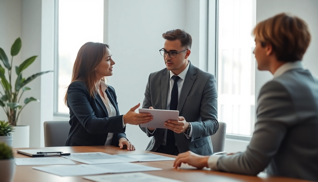 Consultants engaging in Unternehmensberatung discussions in a bright office environment.