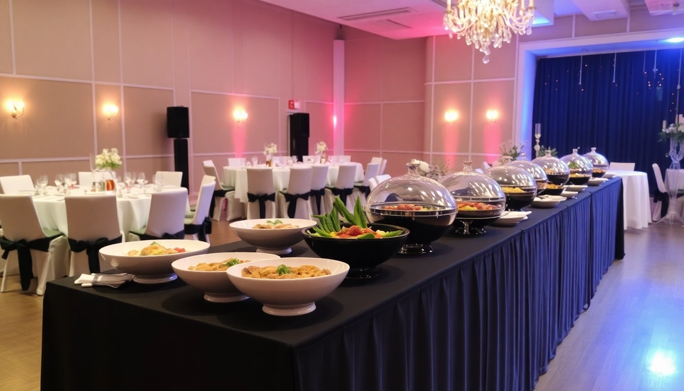 Genießen Sie erstklassiges Eventcatering mit stilvollem Büffet und festlich gedeckten Tischen in einem eleganten Veranstaltungsraum.