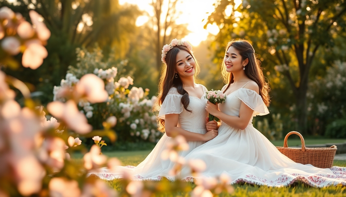 Couple wearing engagement dresses for photoshoot in a blooming garden.