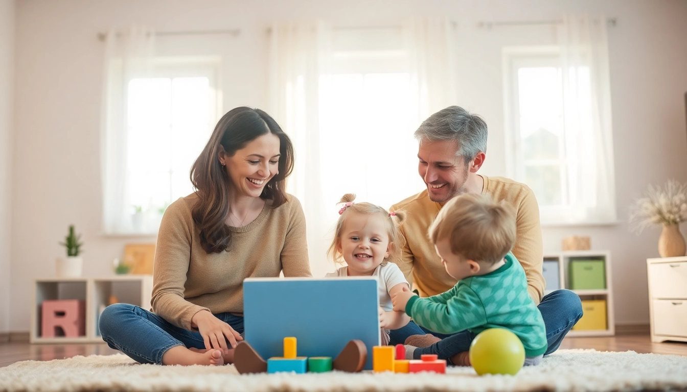 Kindererziehung: Eltern interagieren liebevoll mit ihren Kindern in einem freundlichen Raum.