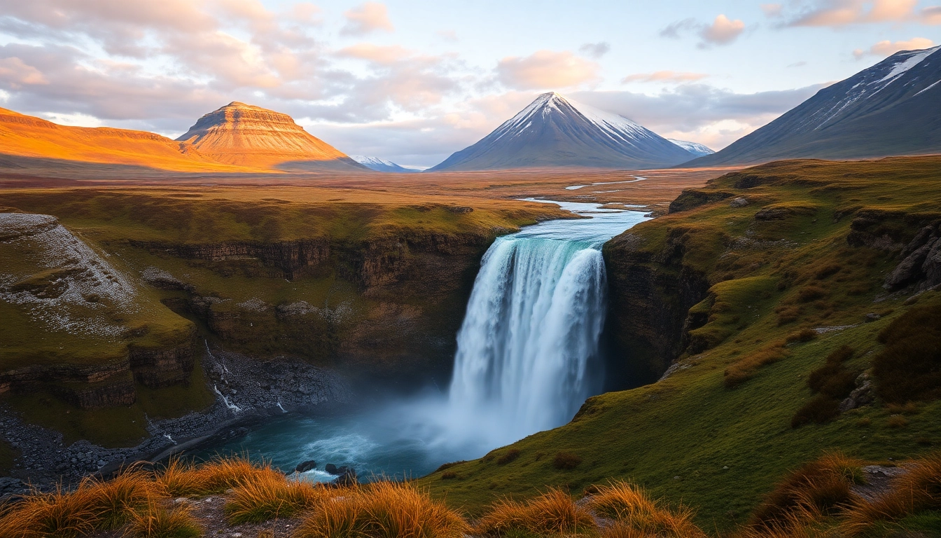 Entdecken Sie beeindruckende Landschaften bei Ihrer Reise nach Island mit einem Wasserfall, Vulkanen und saftigen Hügeln im Hintergrund.