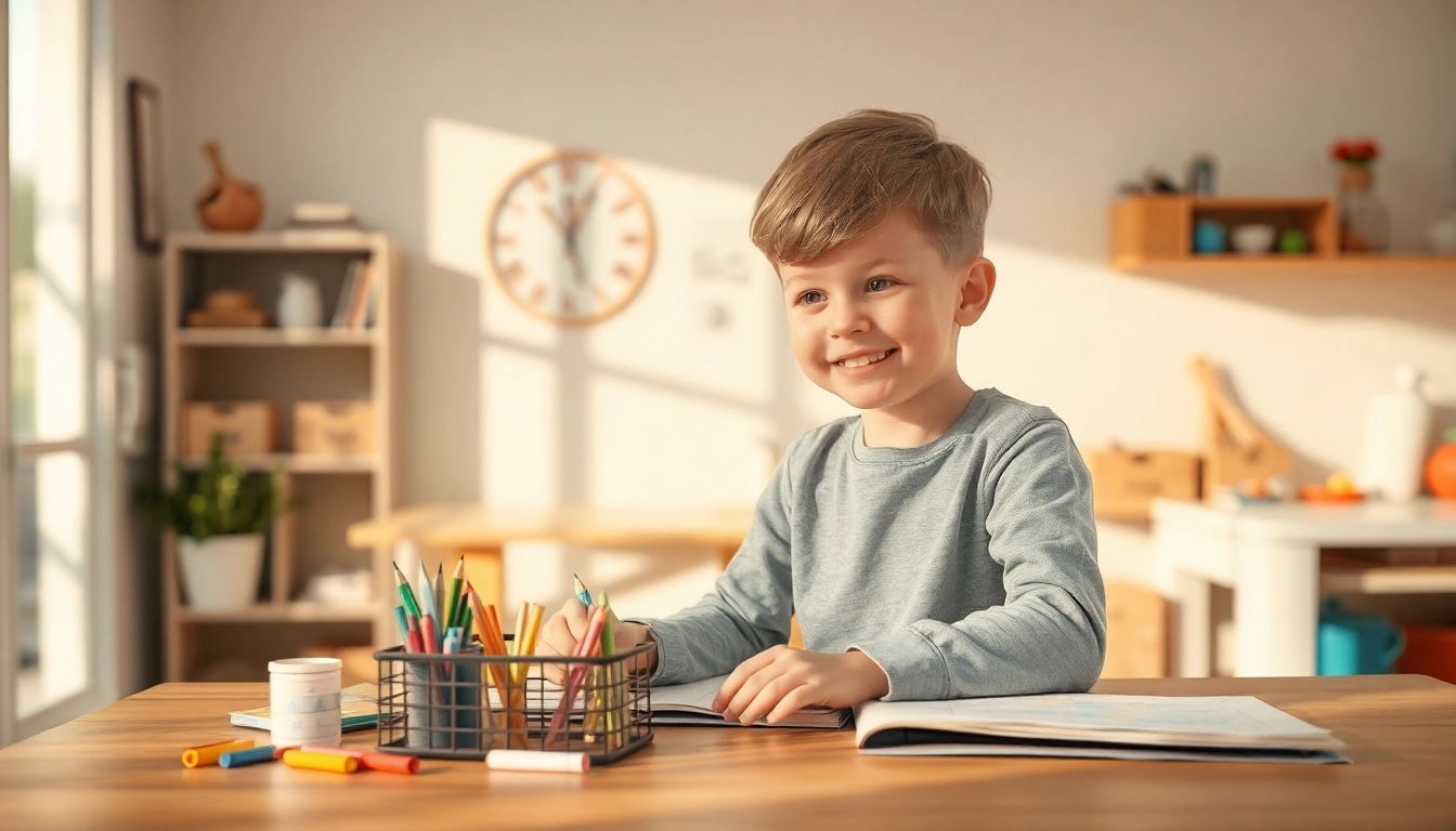 Ein Kind lernt mit Begeisterung im Heimunterricht, umgeben von Schulmaterialien in einem hellen Raum.
