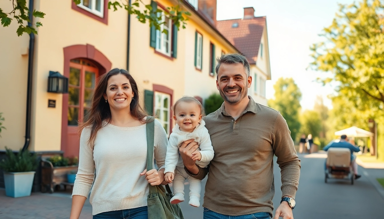 Familienumzug Potsdam: Eine glückliche Familie steht vor ihrem neuen Zuhause mit Umzugskartons.