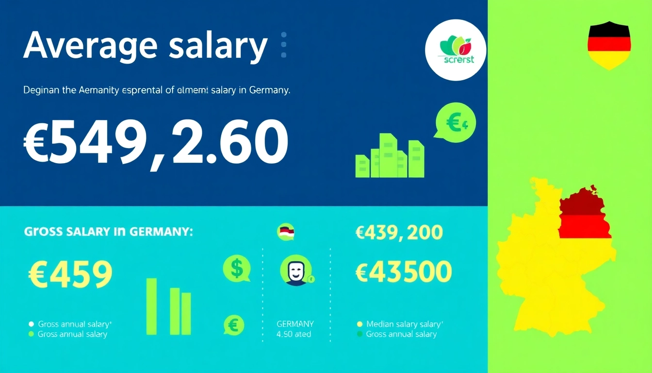 Visual representation of average salary in Germany, showcasing key statistics like €49,260 gross and €43,740 median.