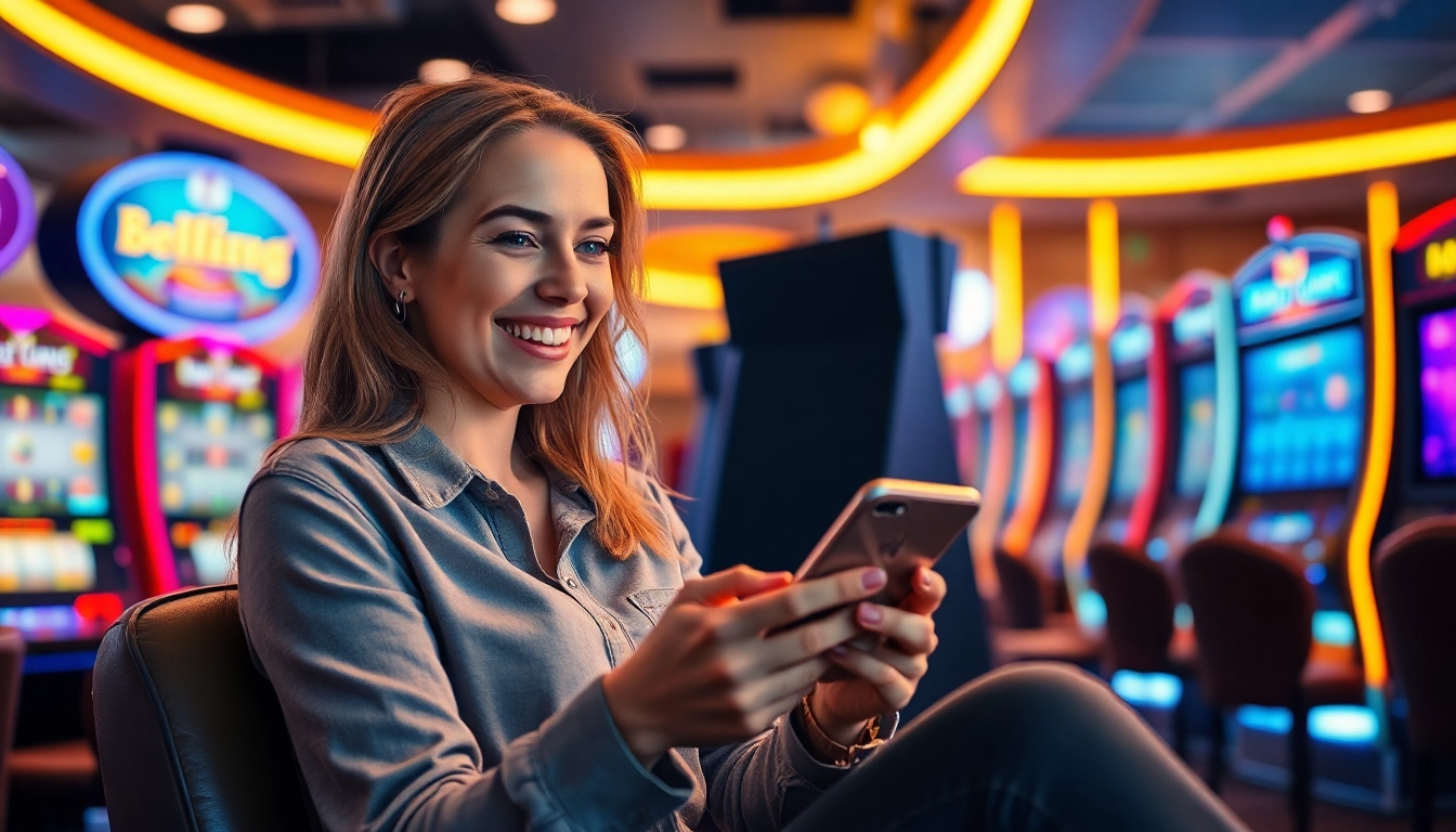 Erleben Sie die aufregende Welt der echtgeld casino app mit einer Person, die begeistert an ihrem Smartphone spielt.