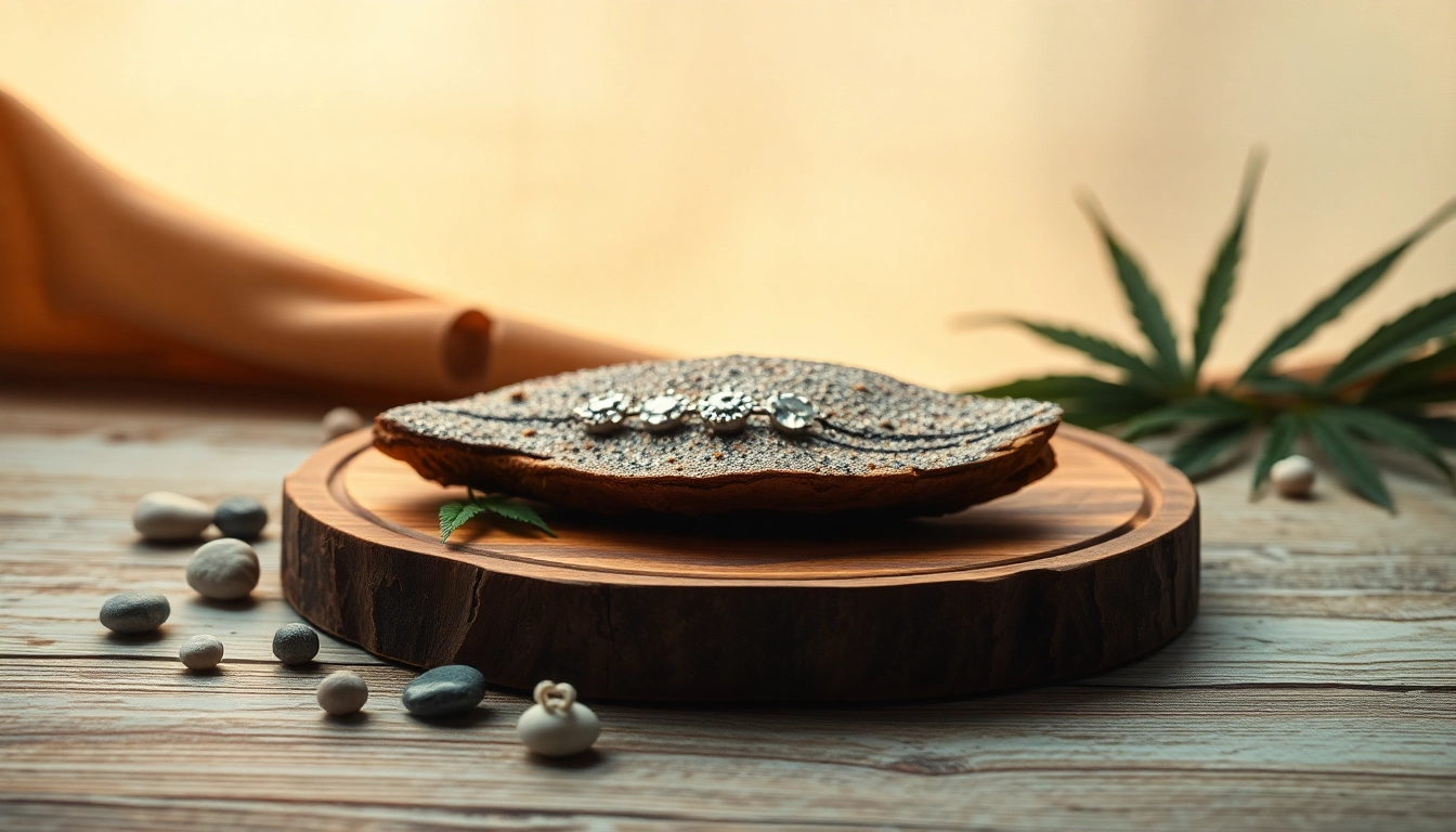 Genieße die Qualität des Haschisch auf einer Holzplatte mit Cannabisblättern und dekorativen Steinen, sanft beleuchtet.