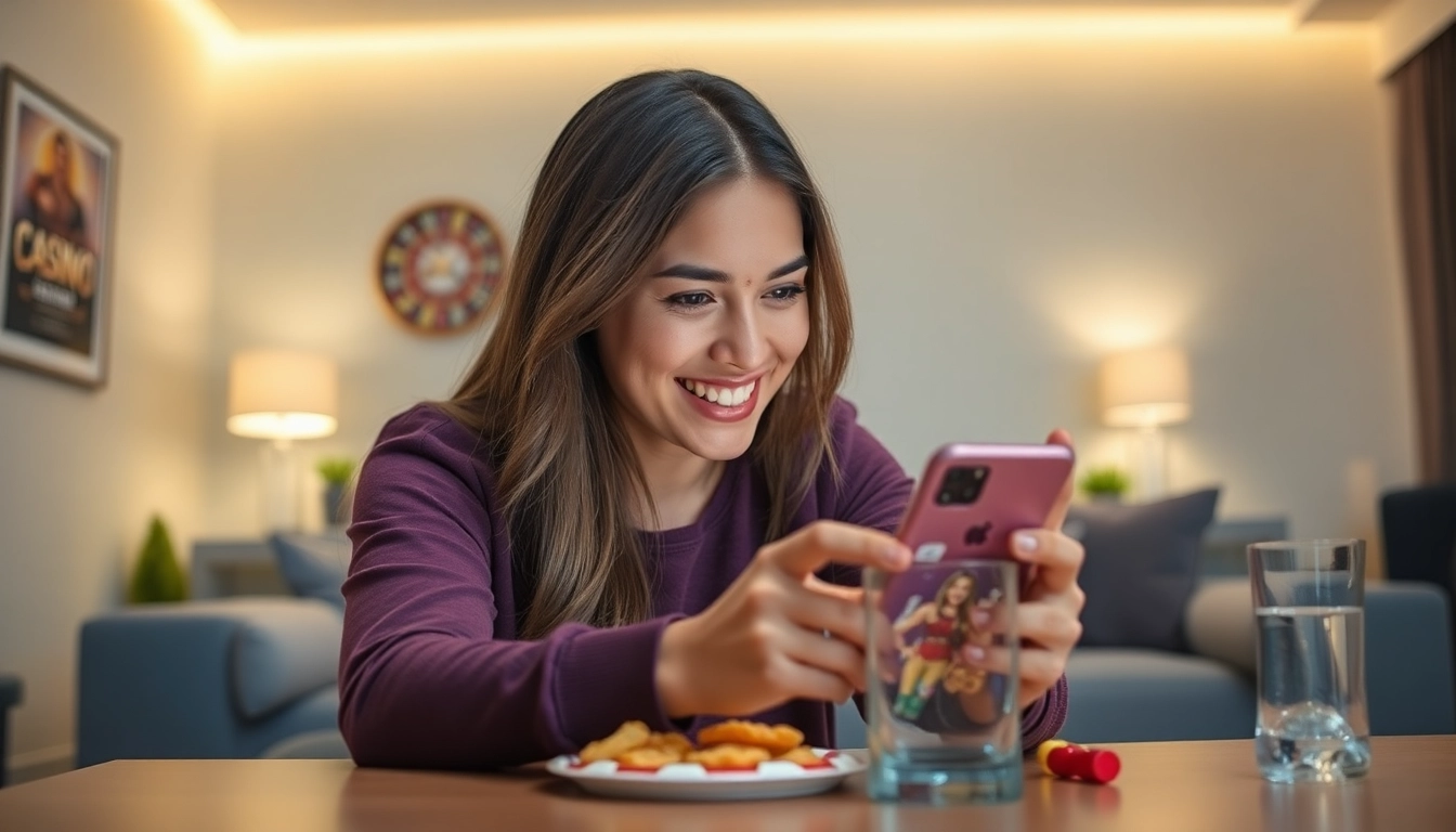 Nutzen Sie die online casino schweiz app auf einem Smartphone, während Sie in einem modernen Raum entspannen.