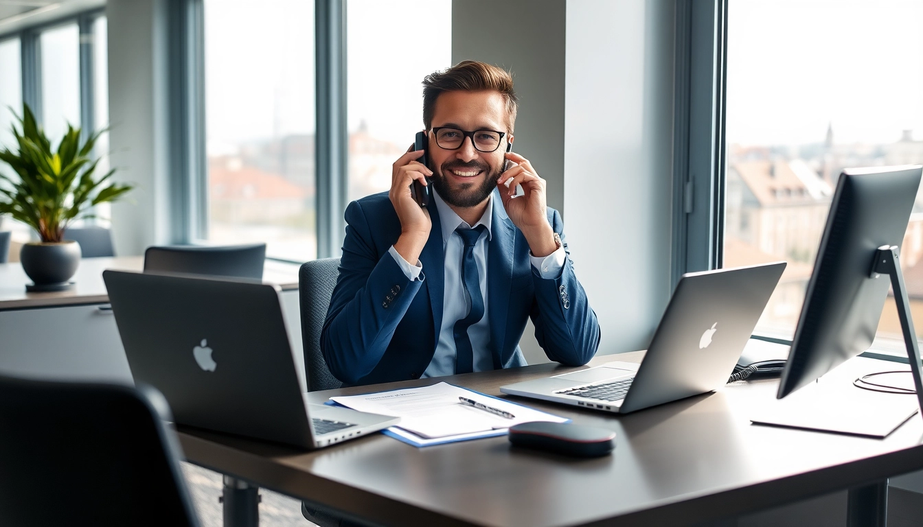 Headhunter Wolfsburg bei der Arbeit im modernen Büro, während er mit einem Kandidaten spricht.