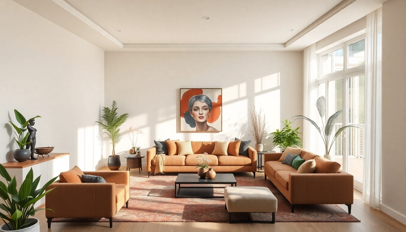 Raumgestaltung mit harmonischen Farben und eleganten Möbeln schafft eine einladende Atmosphäre in einem modernen Wohnzimmer.