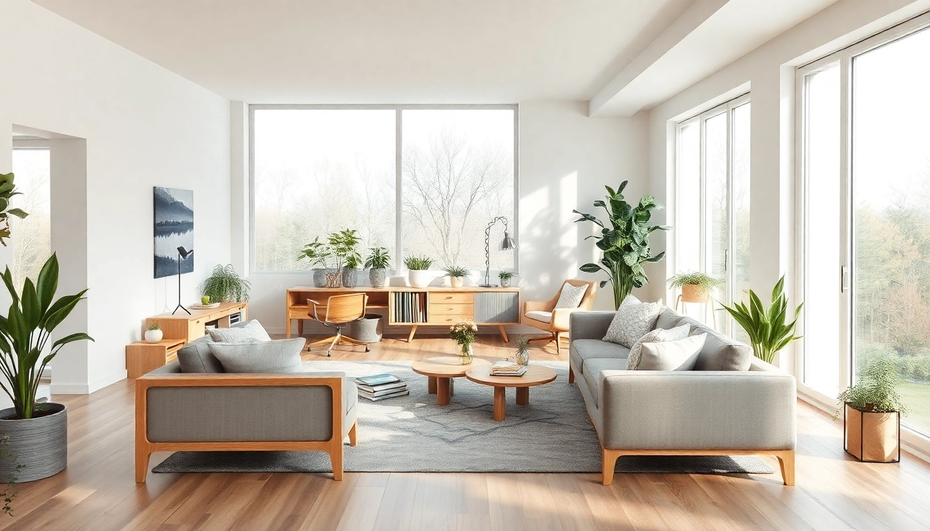 Inspirierende Raumgestaltung in einem hellen, skandinavisch gestalteten Wohnraum mit modernen Möbeln und Pflanzen.