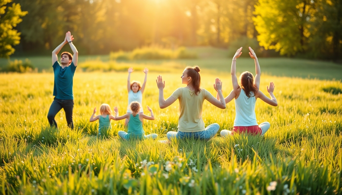 Familie praktiziert Yoga im Sonnenlicht, symbolisiert Gesundheitsinformationen.