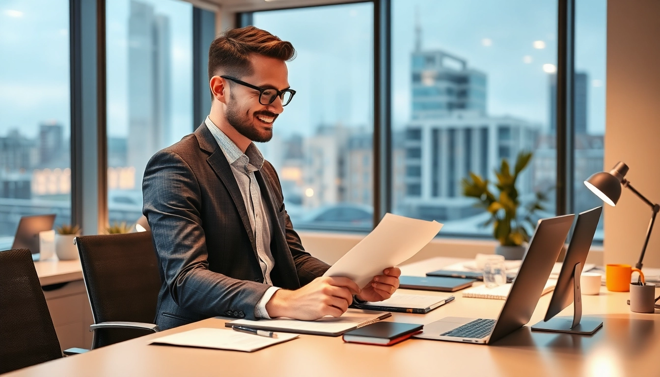 Professioneller Headhunter Köln steht vor einem modernen Büro, spricht mit Klienten.