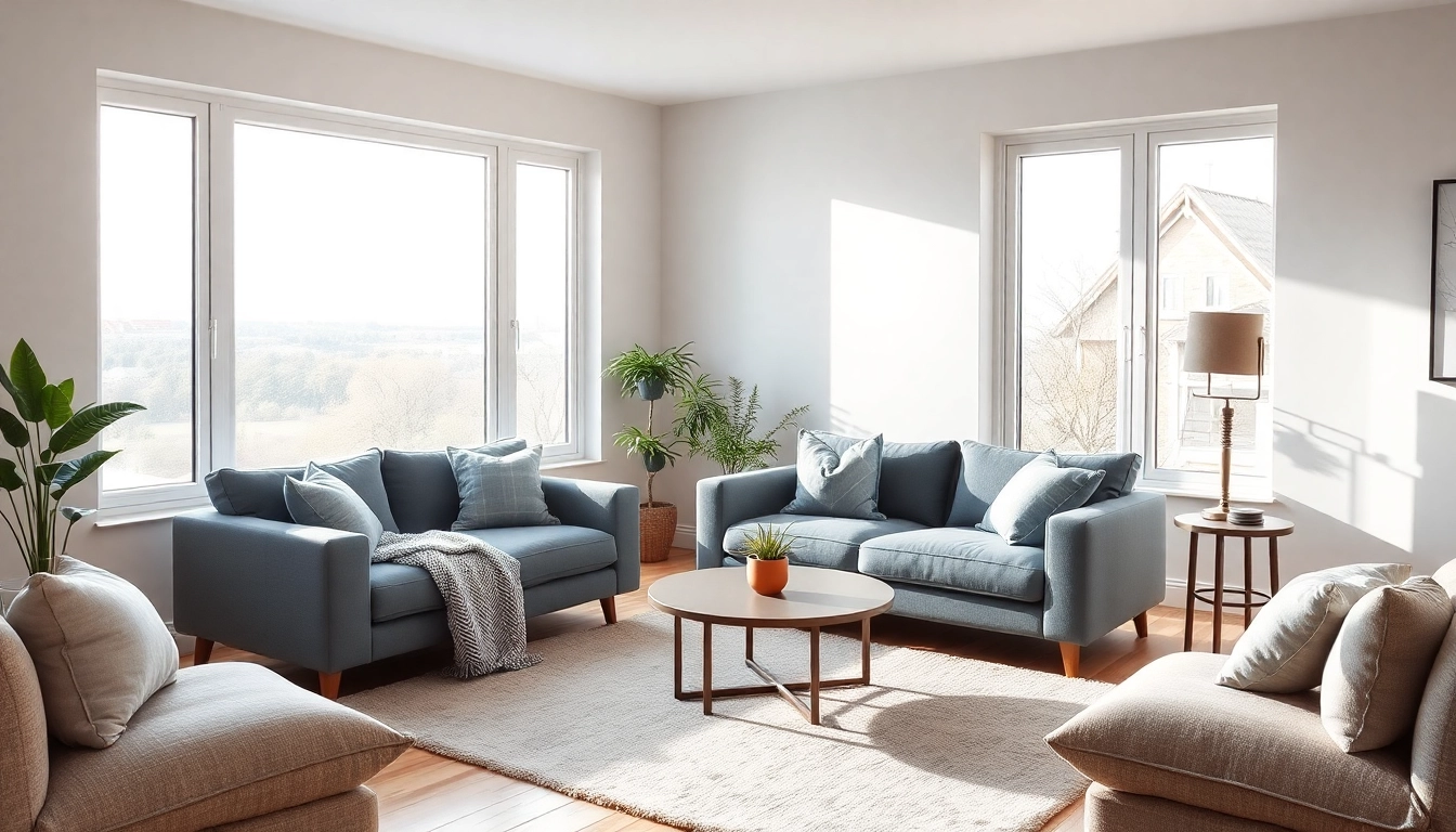 Moderne Raumgestaltung eines einladenden Wohnzimmers mit natürlichem Licht und harmonischen Farben.