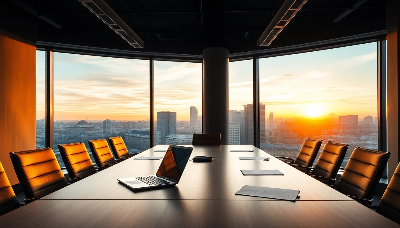Ein modernes Büro, das die Expertise eines Headhunter München präsentiert, mit Blick auf die Skyline.