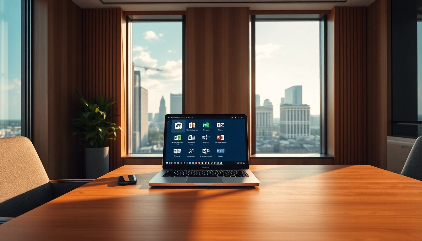 Visualisieren Sie die Nutzung von Office 2024 Pakete in einem modernen Büro mit Laptop und schöner Aussicht.