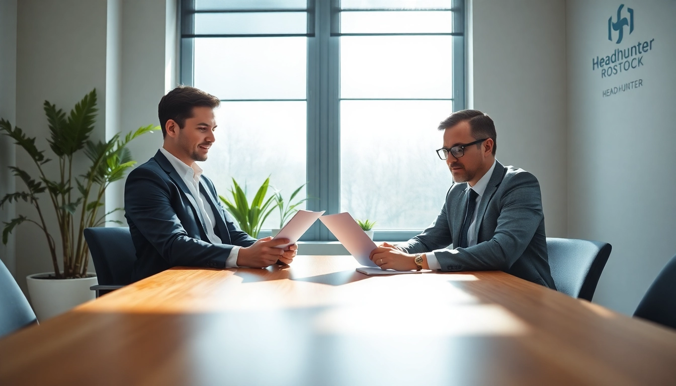 Professioneller Headhunter Rostock führt ein Gespräch mit einem Kandidaten in einem modern gestalteten Besprechungsraum.