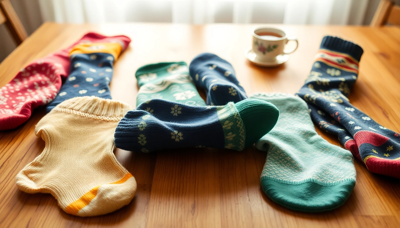 Socken verkaufen: Bunte, getragene Socken liegen einladend auf einem Holzuntergrund.