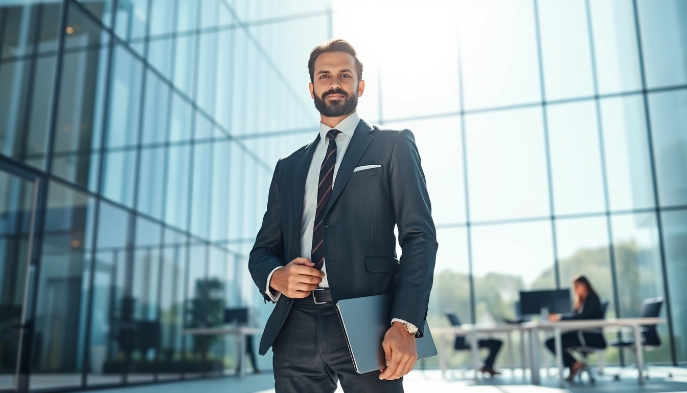 Headhunter IT steht vor einem modernen Bürogebäude mit Laptop in der Hand.