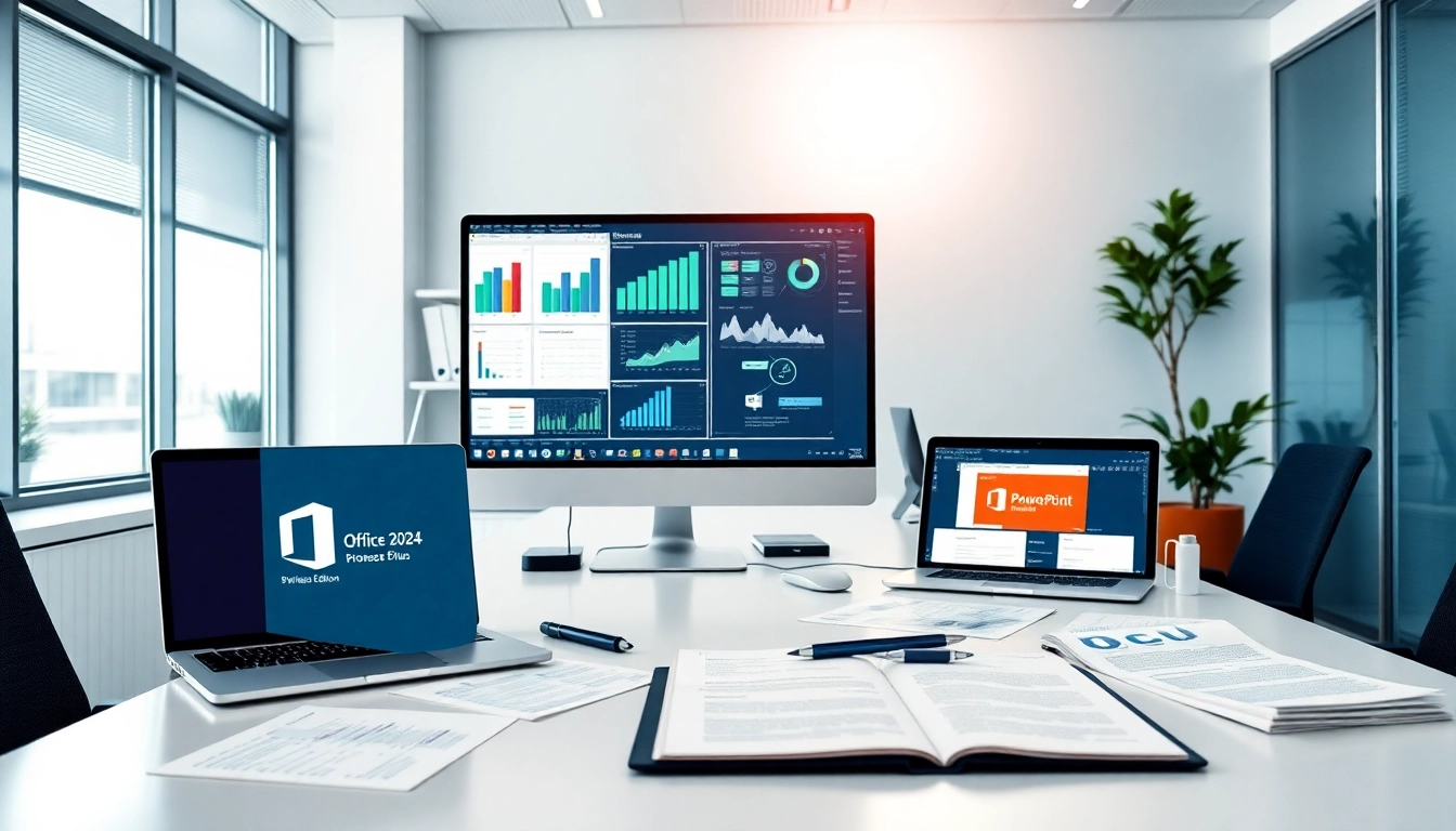 Showcase the Office 2024 Professional Plus Business Edition in a modern workspace with vibrant charts and presentations.