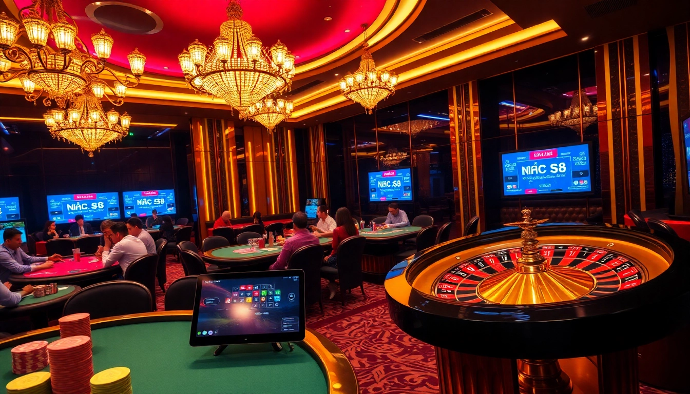 Engaging scene of players at Nhà Cái S8 casino tables, showcasing excitement and professionalism in gambling.