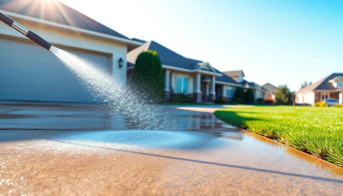 Driveway pressure wash showcasing a professional cleaning service restoring a concrete driveway.