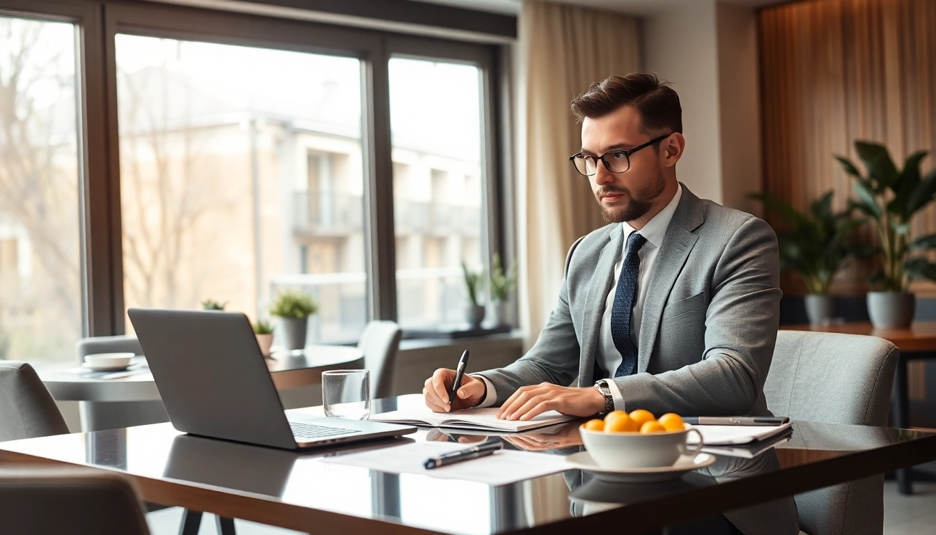 Headhunter Gastronomie prüft Lebenslauf in modernem Büro mit Gastronomie-Elementen.