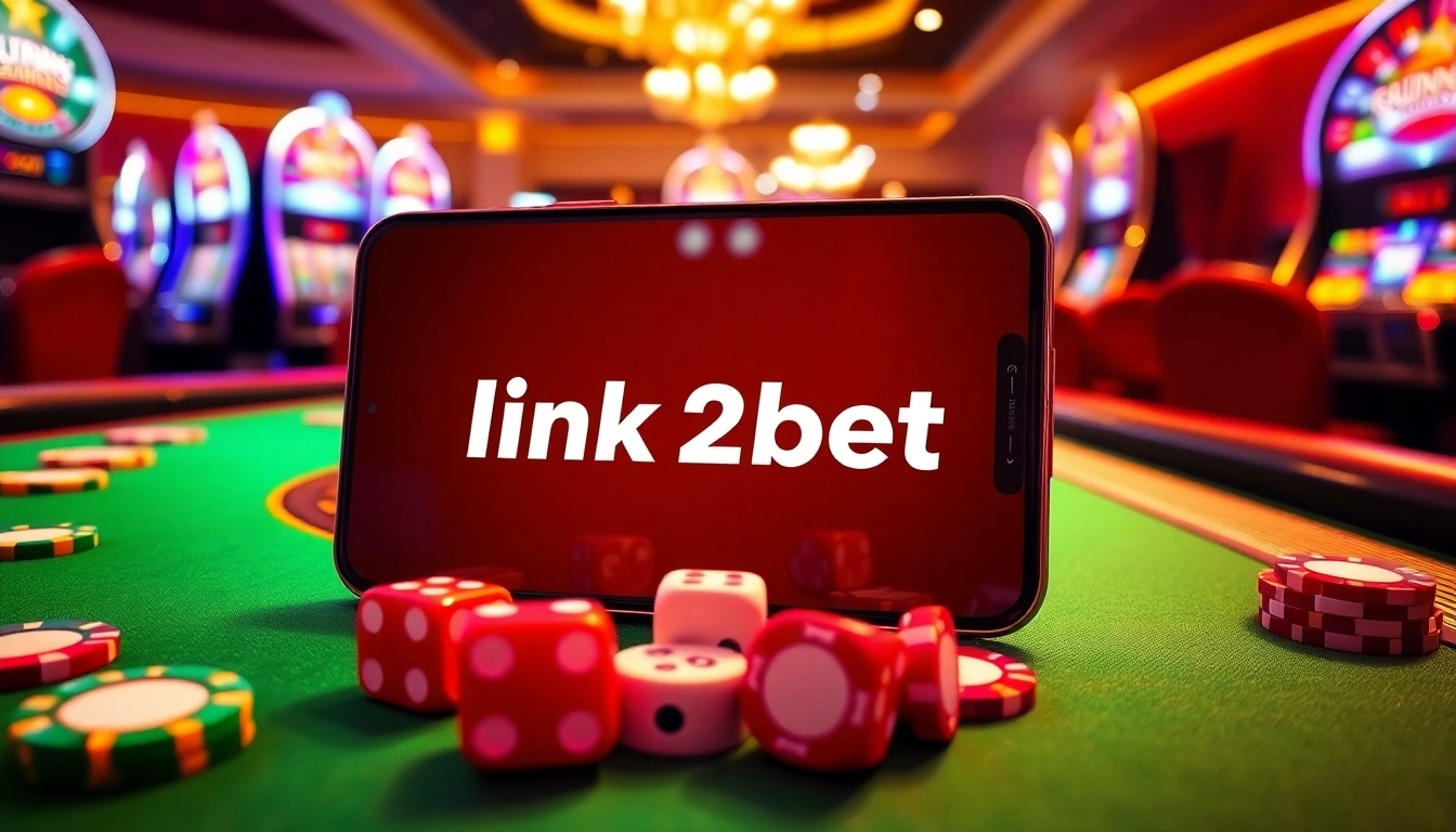 Engaging gaming scene showcasing link 12bet on a smartphone with poker and slot games in a luxurious casino setting.