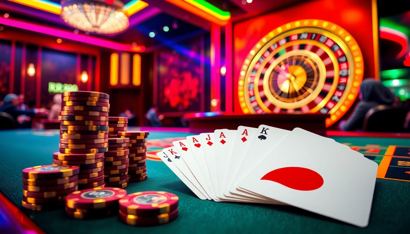 Experience thrilling gameplay at RR88 with vibrant casino visuals featuring poker chips and cards.