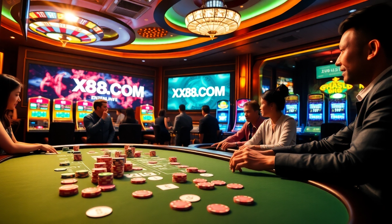 Players enjoying gambling excitement at X88.COM casino tables with vibrant poker chips.