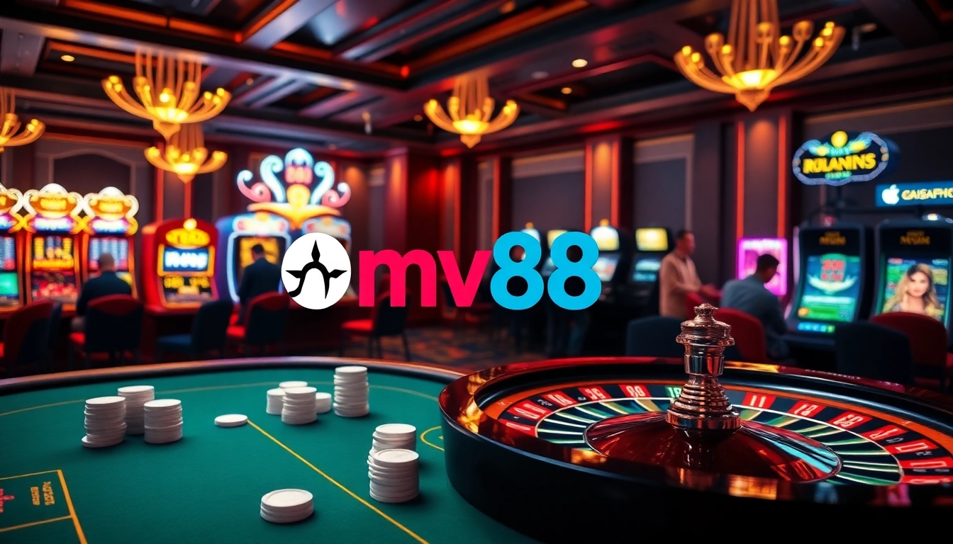 Experience the thrill of mv88 online gambling with a luxurious casino setting featuring exciting games.