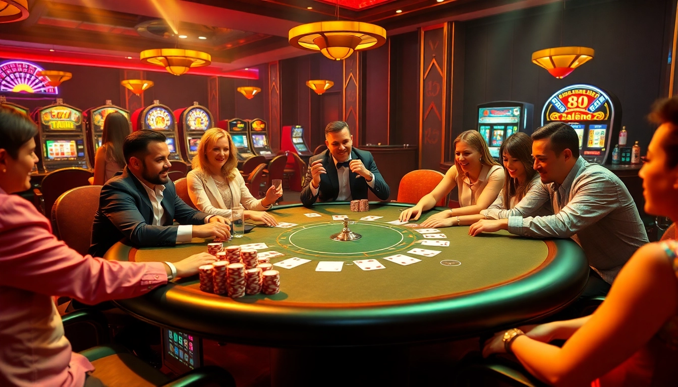 Players enjoying an exciting poker game in a vibrant casino setting at Nhà cái Luck8.