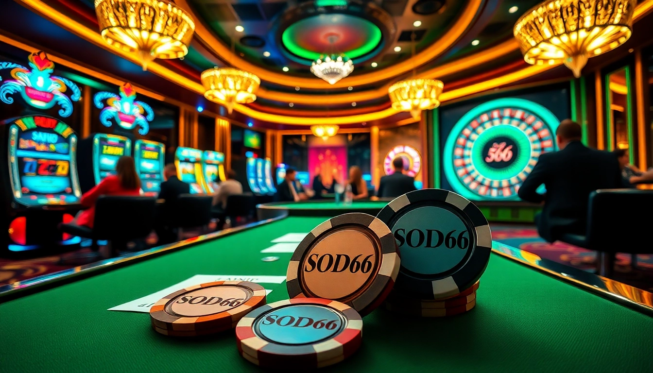 Players enjoying a thrilling gaming experience at SODO66 casino tables with vibrant lights.