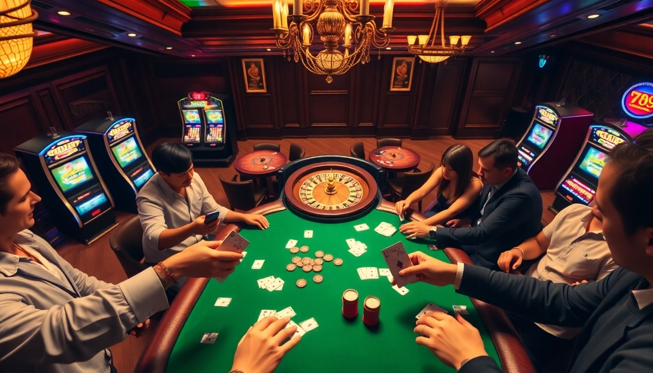 Players winning at the 789 club casino with poker chips and cards during an intense game.
