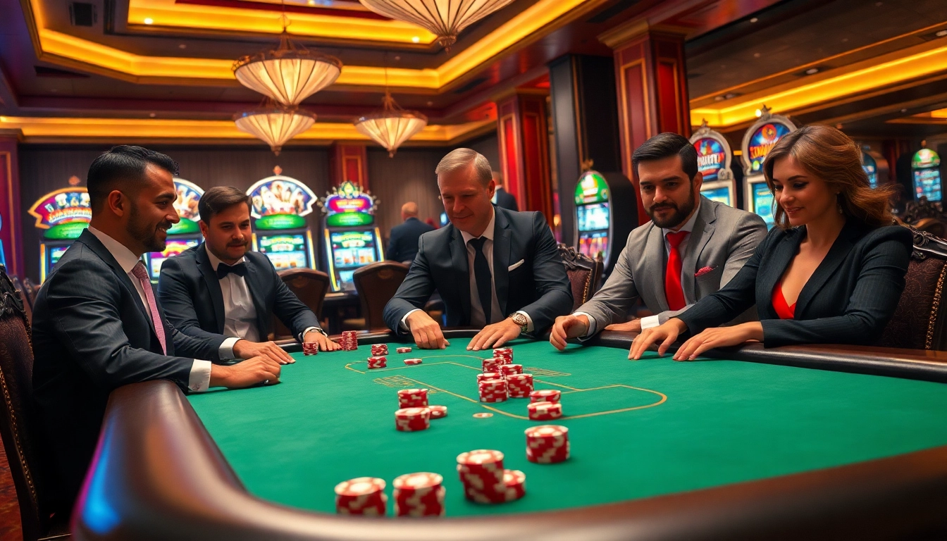 Engaged players enjoying a thrilling poker game at U 888 casino with vibrant chips and elegant surroundings.
