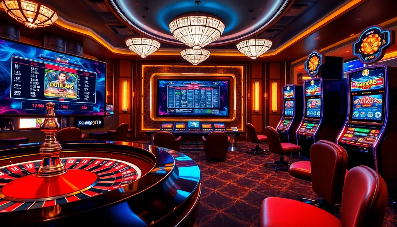 A dynamic casino scene showcasing gambling activities and the security of https://xx88tv.com/, featuring roulette, poker, and vibrant slot machines.