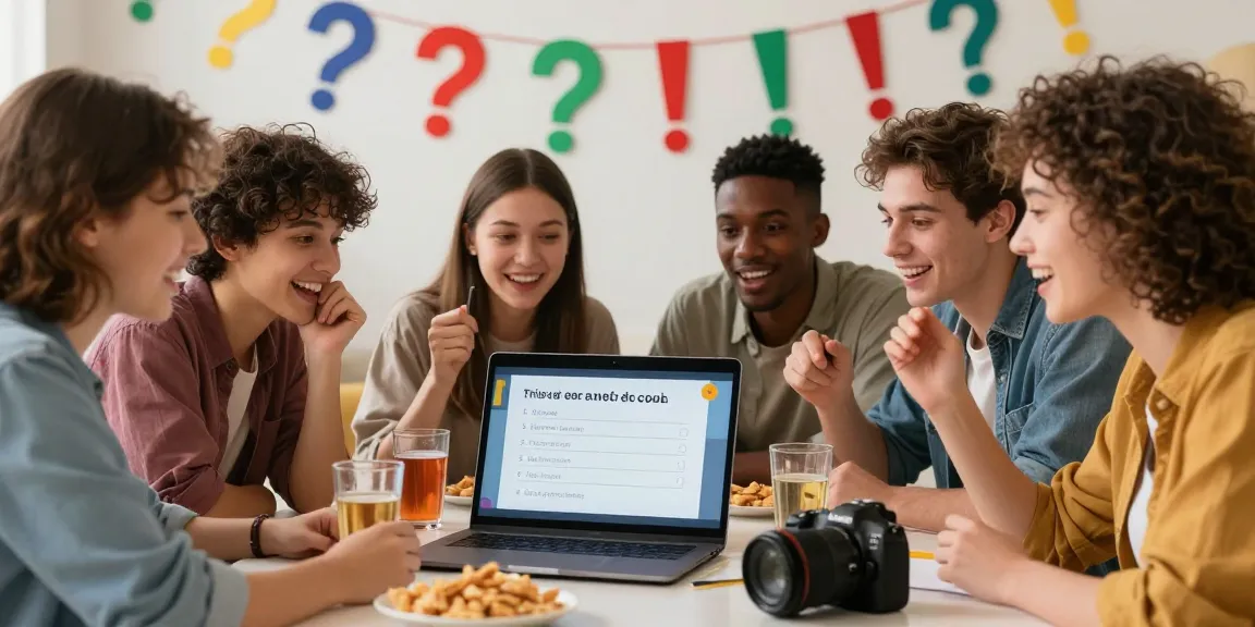 Freunde testen ihr Quiz Allgemeinwissen bei einem unterhaltsamen Abend mit Snacks in einer hellen Umgebung.
