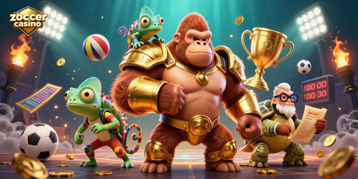 Zoccer casino scene featuring a powerful gorilla, chameleon, and tortoise amid dynamic sports betting elements.