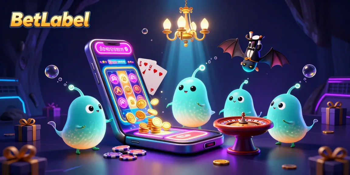 Experience the excitement of BetLabel with glowing glowworms lighting a casino, featuring a colorful slot game and cheerful gaming atmosphere.