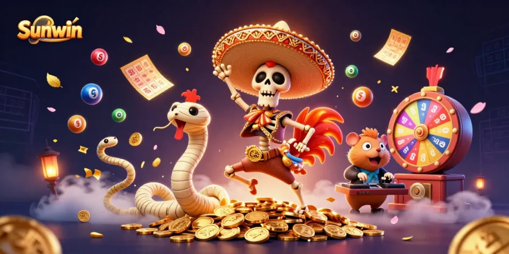 Sunwin players enjoy a vibrant victory scene with colorful lottery elements and engaging characters.