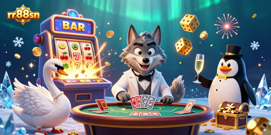 Experience thrilling wins with rr88sn at a vibrant casino scene featuring a debonair wolf and a swan dealer.