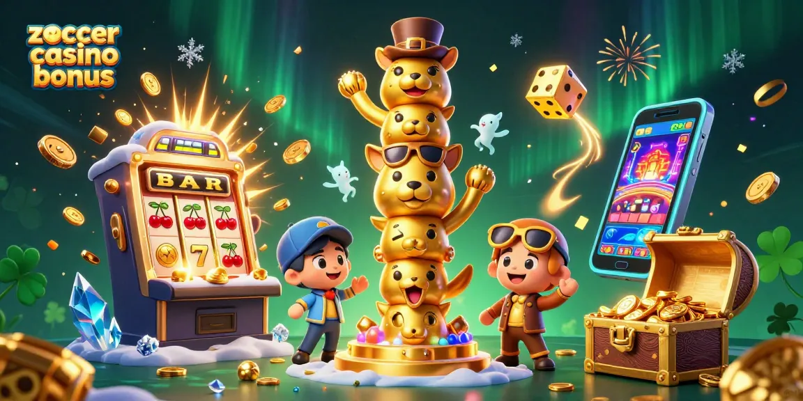 Zoccer Casino Bonus mit lebendiger 3D-Illustration von einem bunten Totempfahl und Spielautomaten.