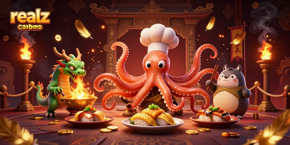Visualisieren Sie den realz Casino Bonus mit einem kartoonhaften Oktopus, der köstliche Gerichte zubereitet.