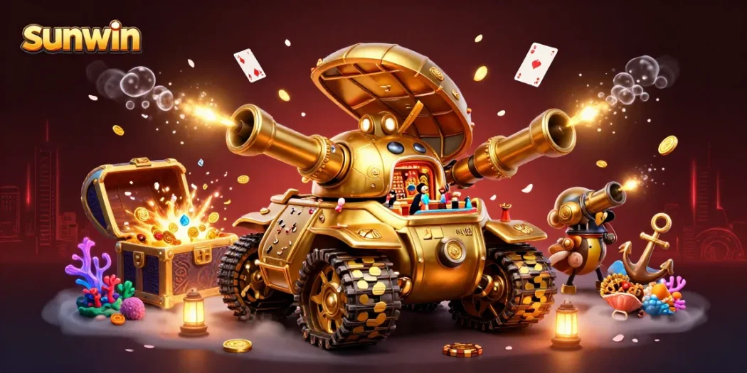 Engage in a vibrant sunwin casino adventure with a golden beetle tank bursting with coins and excitement.
